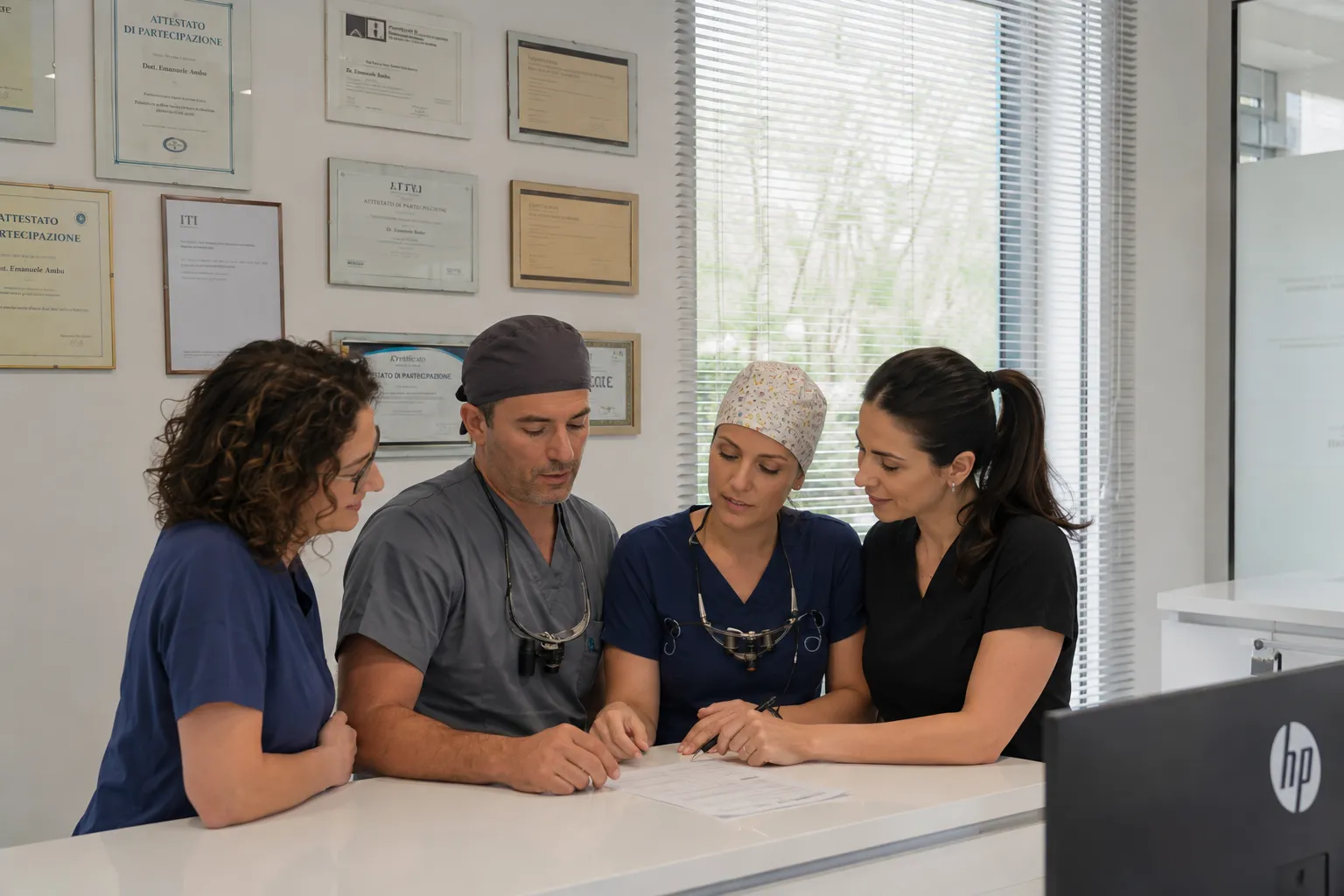 come-costruire-team-di-lavoro Team di uno studio dentistico composto da dentista, igienista, assistente e receptionist riuniti per pianificare il lavoro