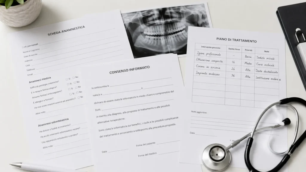 Documentazione della cartella odontoiatrica: anamnesi, consenso informato, radiografia e piano di trattamento