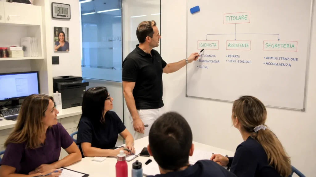 Titolare di studio dentistico che illustra l'organigramma dei ruoli del team su una lavagna